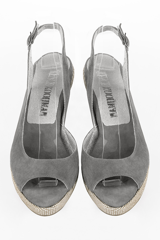 Dove grey women's slingback sandals. Round toe. High wedge soles. Top view - Florence KOOIJMAN
